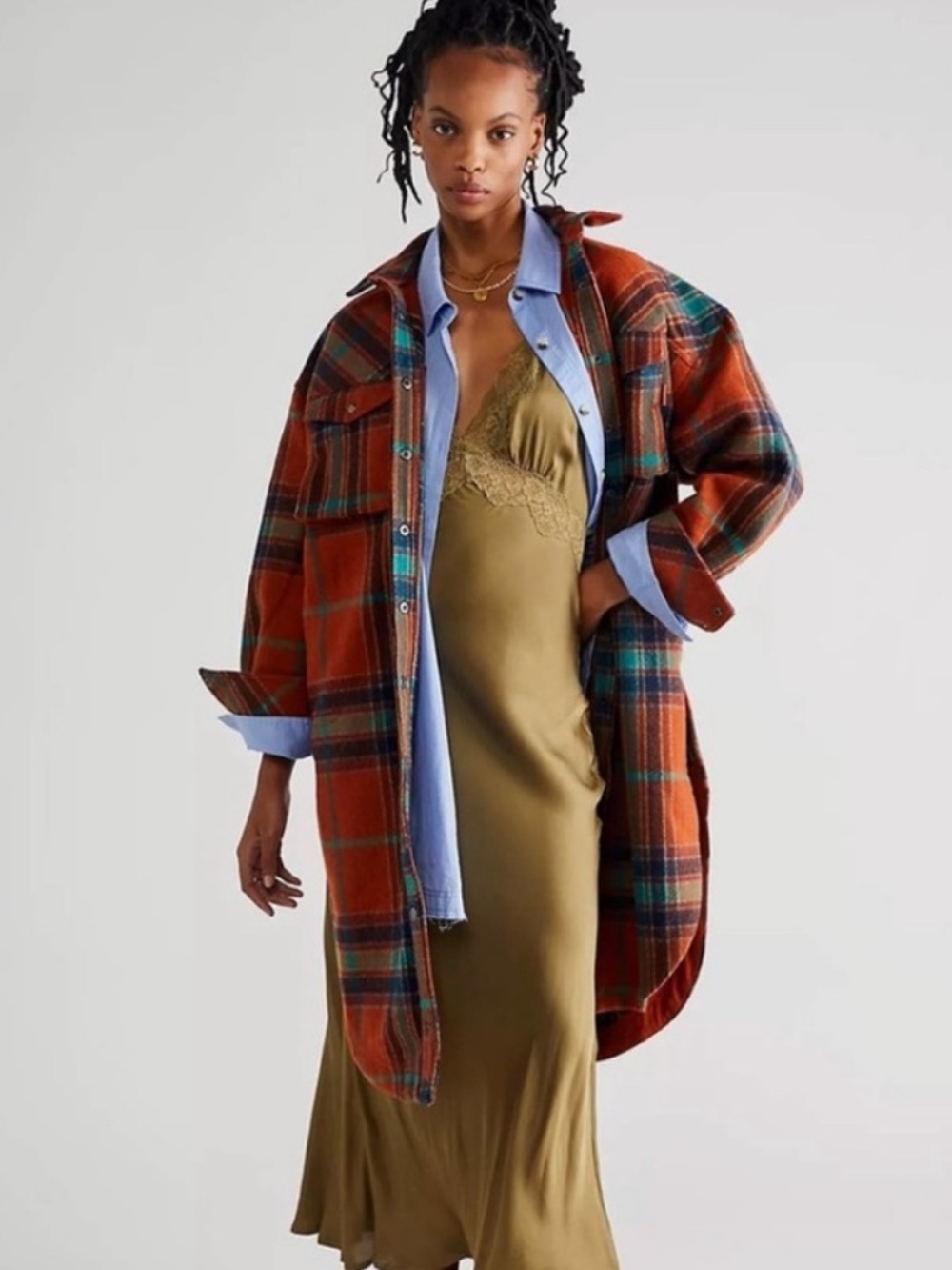 Free People We The Free Cabin Cozy Maxi Shirt Long Plaid Flannel Shacket Jacket - Picture 2 of 8